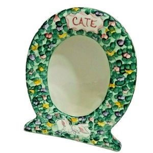 Hand Painted  Picture Frame Green Leaf Oval Porcelain Huckleberry CATE Rabbit